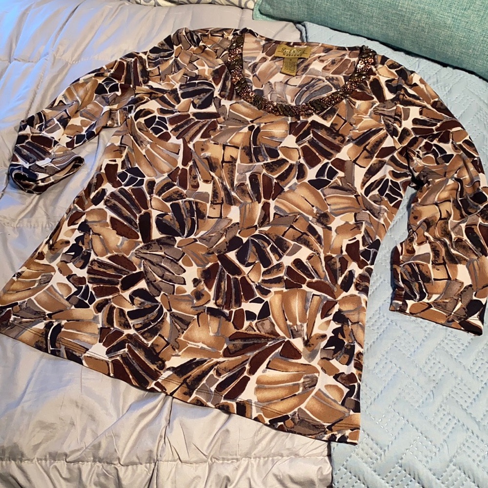 Peck & Peck round neck with beads sequin trim dress blouse top brown tan medium